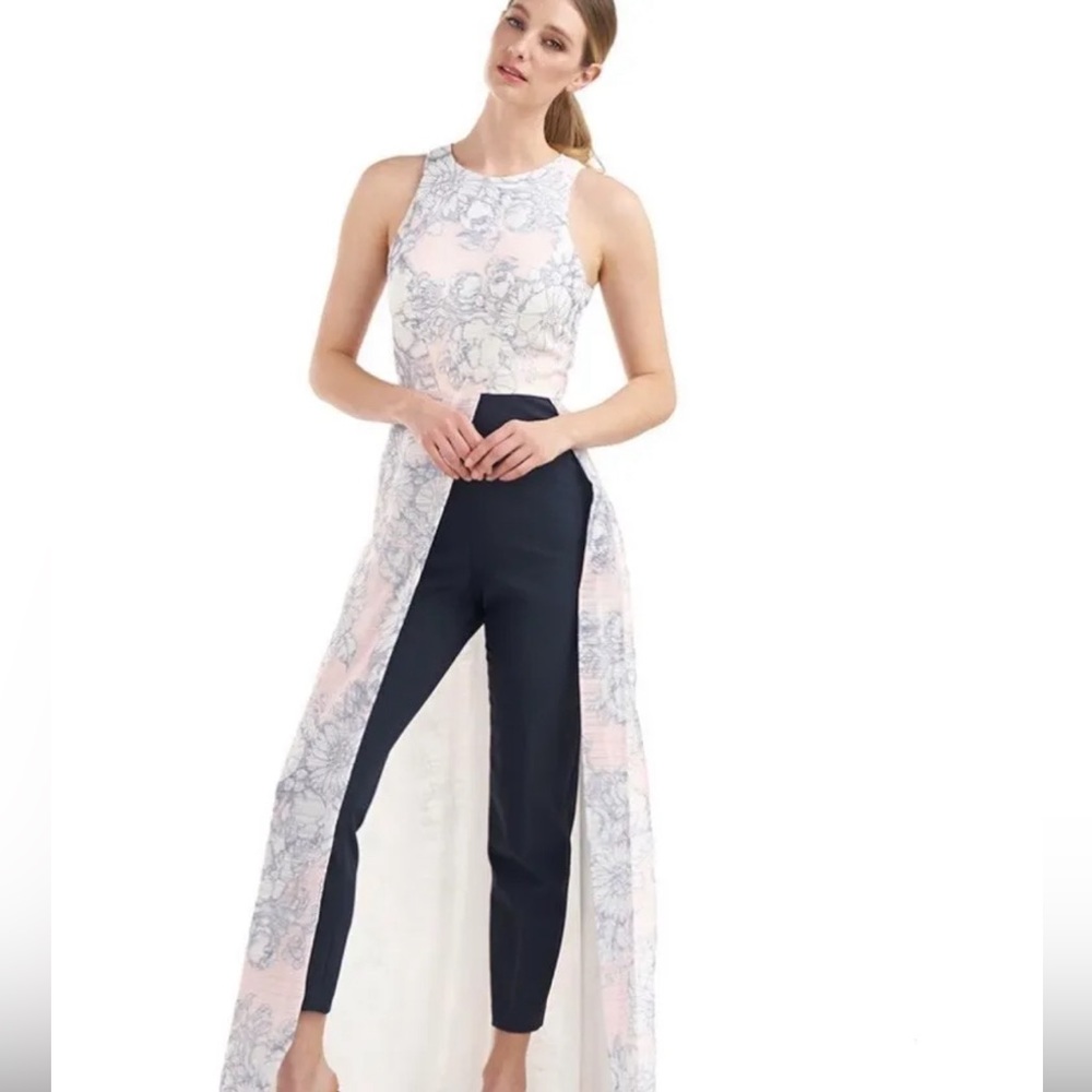 NWT Kay Unger Dakota Walk-thru Jumpsuit w/ Maxi Skirt Sz 16 Pale Pink and Black